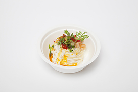 Claroni - Spaghettino alle vongole, ajo bianco, achiote e battuto di cappesante